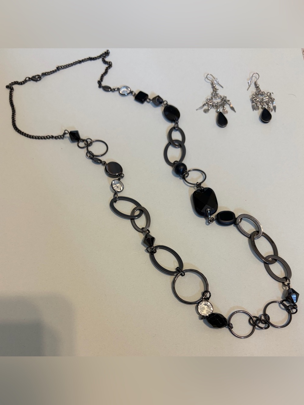 LOFT Black Link Necklace Set with Clear Jewel Accents and Black Earring Set